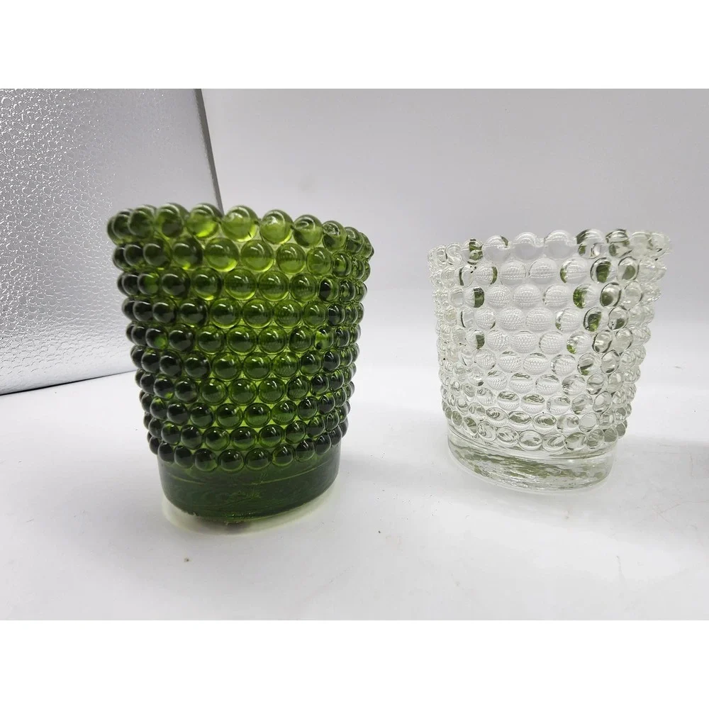 Vintage Hobnail Glass Votive Candle Holders Set of 4 Green and Clear Mid Century